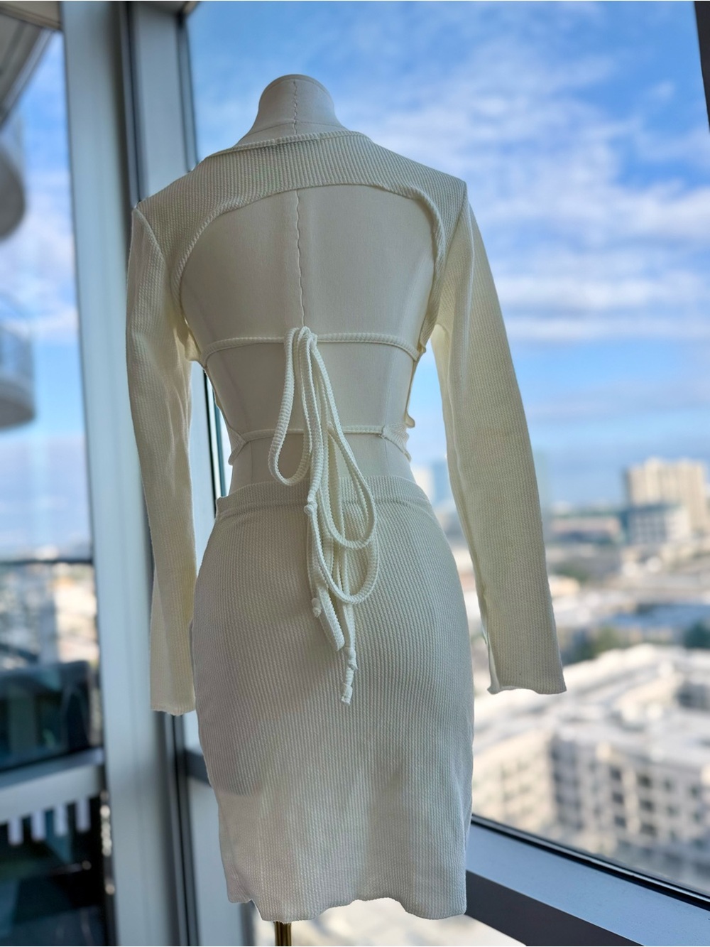 Boohoo Cream Ribbed Long-Sleeve Backless Tie-Back Crop Top & Mini Skirt Set